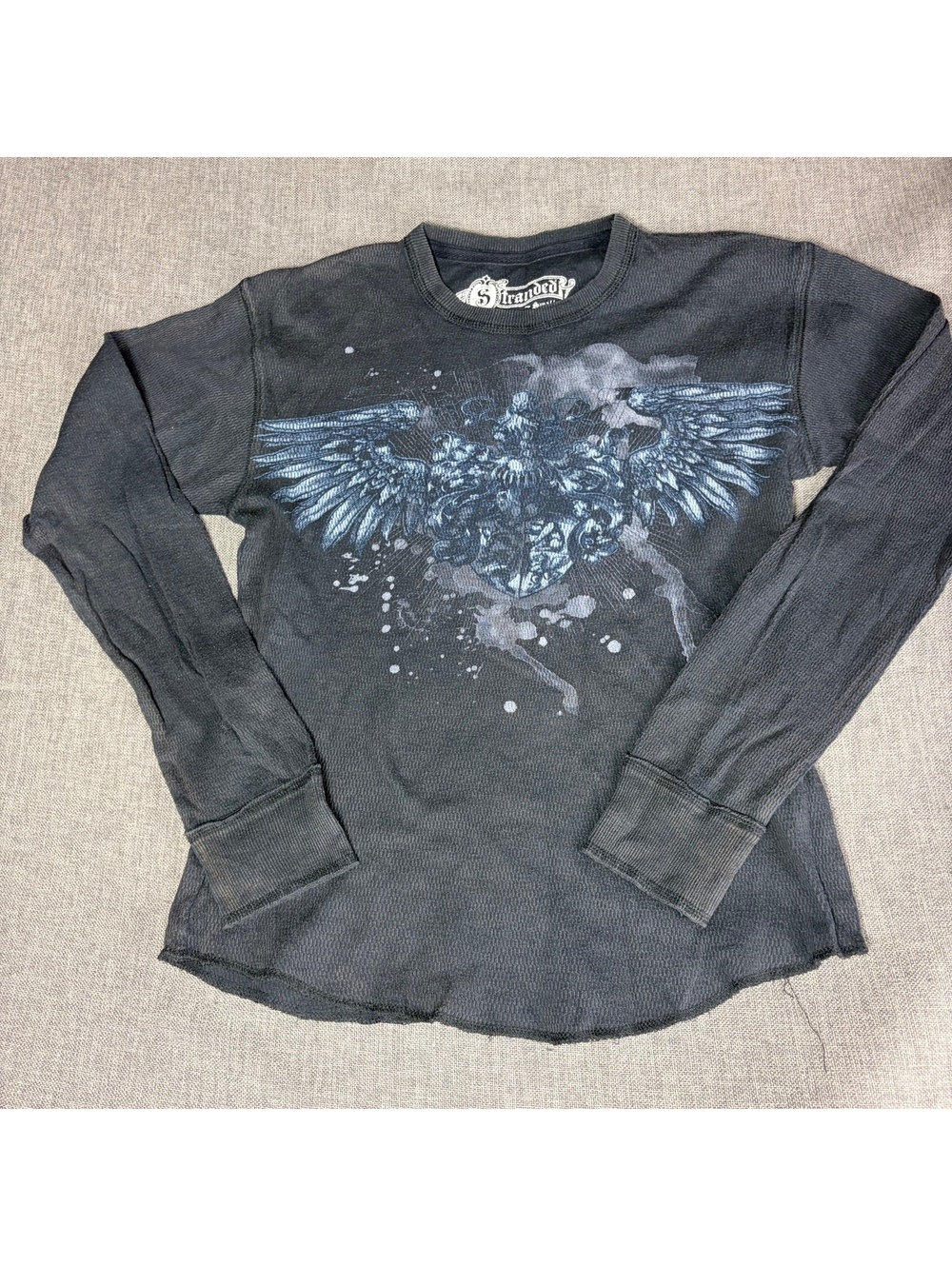Stranded Black Long Sleeve Thermal Shirt with Wing Graphic, Size Small